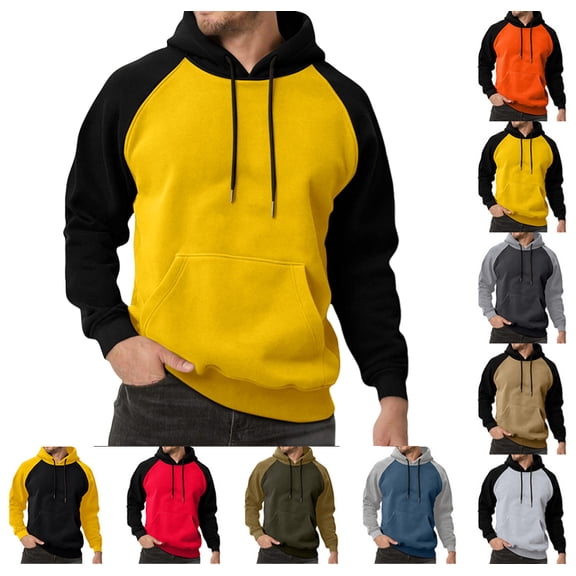 Pullover Hoodie Men Blend Fleece Long Sleeve Sweatshirt with Kangaroo Pockets,Yellow XL