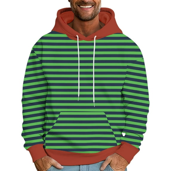 Pullover Hoodie Men Cozy Fleece Casual Trendy Striped Sweatshirts Front Pocket Long Sleeve Hooded Winter Tops (2XL, Green 04)