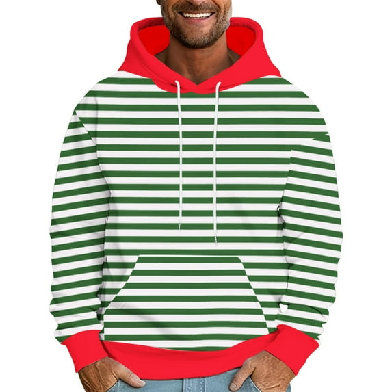 Pullover Hoodie Men Cozy Fleece Casual Trendy Striped Sweatshirts Front Pocket Long Sleeve Hooded Winter Tops (3XL, Green 08)