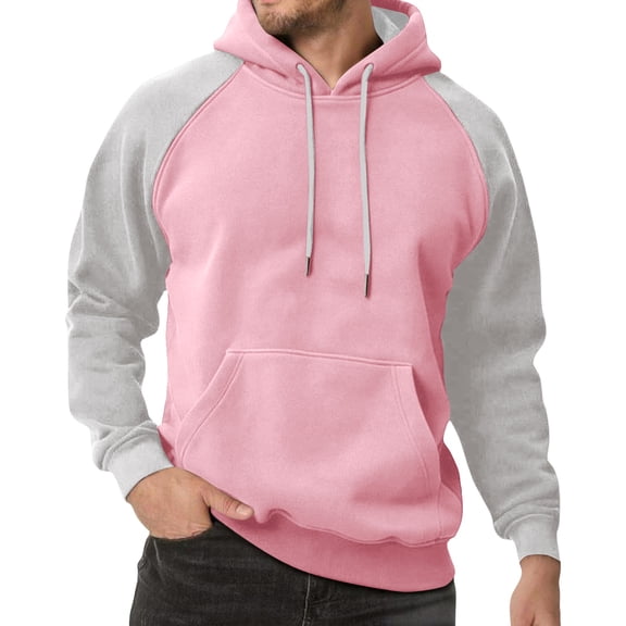 Pullover Hoodie Men Long Sleeve Sweatshirt with Kangaroo PocketsPink M