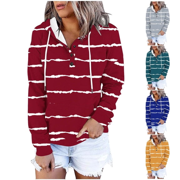 Pullover Hoodie for Womens Plus Size Fashion Printing Button Hat Rope Long Sleeves Hooded Pocket Pullover Sweatshirts