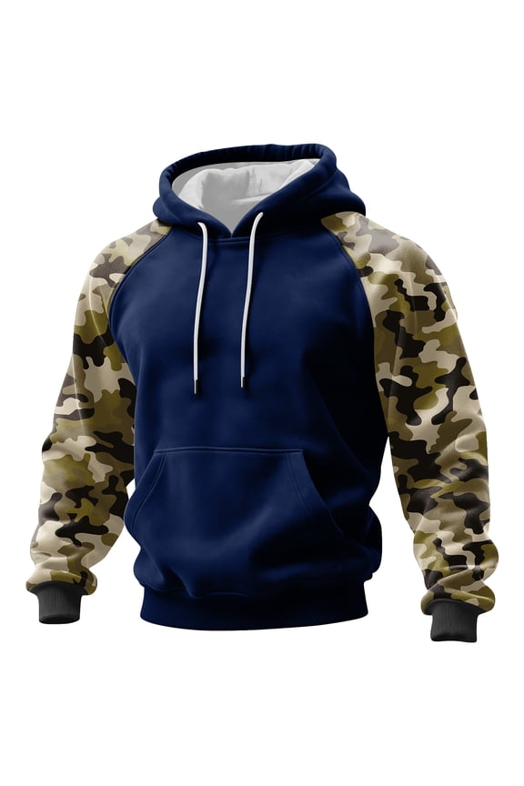 Pullover Hoodie with Camouflage Print Sleeves Drawstring Hood Front Pouch Pocket Long Sleeve Casual Sweatshirt for Men Women Dark Blue L