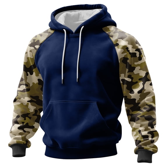 Pullover Hoodie with Camouflage Print Sleeves Drawstring Hood Front Pouch Pocket Long Sleeve Casual Sweatshirt for Men Women Dark Blue XL