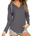 thumbnail image 1 of Pullover Hoodies Tops Long Sleeve for Women V Neck Drawstring Casual Loose Fitting Blouses Fall Winter Solid Color Sweatershirt Tops,Dark Gray,L, 1 of 3
