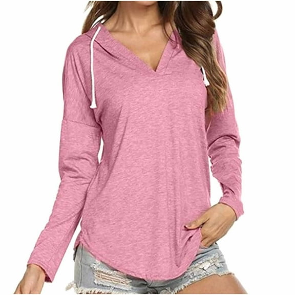 Pullover Hoodies Tops Long Sleeve for Women V Neck Drawstring Casual Loose Fitting Blouses Fall Winter Solid Color Sweatershirt Tops,Pink,M