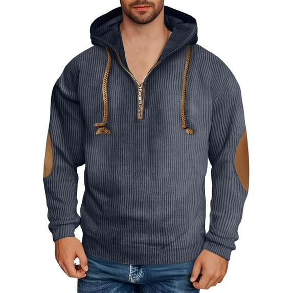 Pullover Hoodies for Men Oversized New Mens Corduroy Color Blocked Hoodies Quarter Zip Sweatshirts with Elbow Patches Casual Hooded Pullover Navy XL