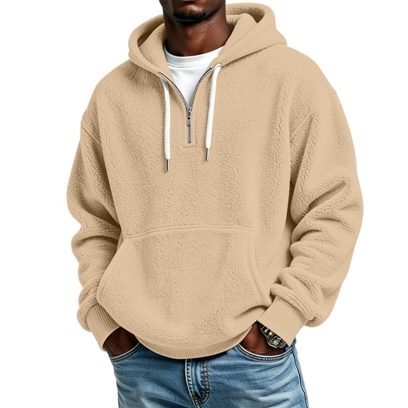 Pullover Hoodies for Men Polar Fleece Quarter Zip Up Drop Shoulder Sweatshirt Men Drawstring Hooded Street Fashion Pullovers