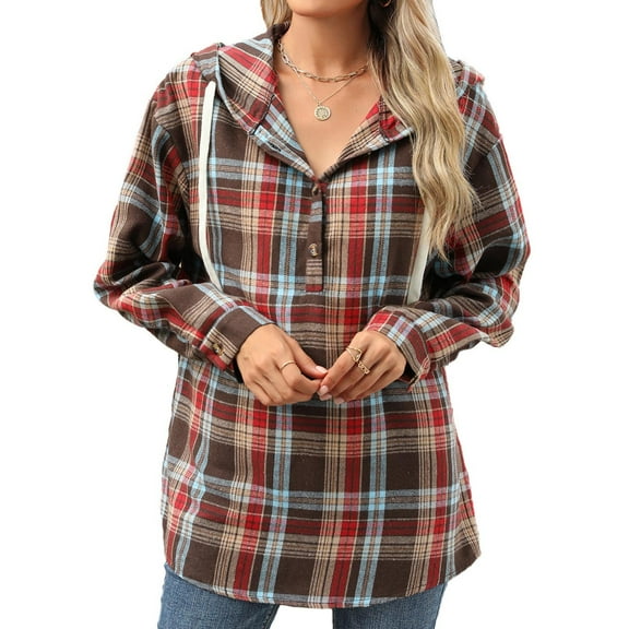 Pullover Hoodies for Women Plaid Long Sleeve Hooded Sweatshirt Button V-Neck Loose Fall Top Oversized Winter Shirt (Coffee L)