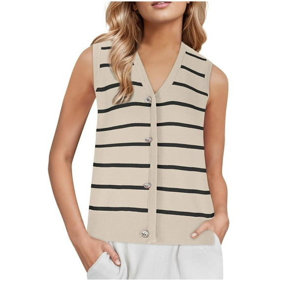 Pullover Knit Sweaters for Women Women's Sweater Cardigan Vests Casual Loose Button Striped V-Neck Sweater Vests Tops S-55 Beige XXL