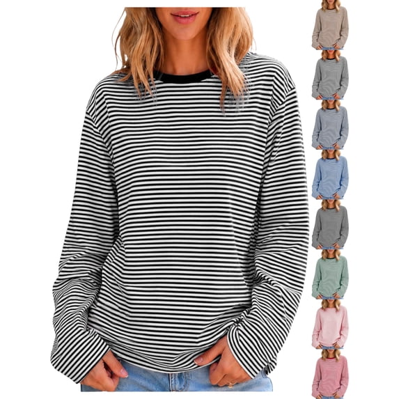 Pullover Oversized Striped T-Shirts for Women Crewneck Long Sleeve Loose Fit Casual Basic Everyday Tops