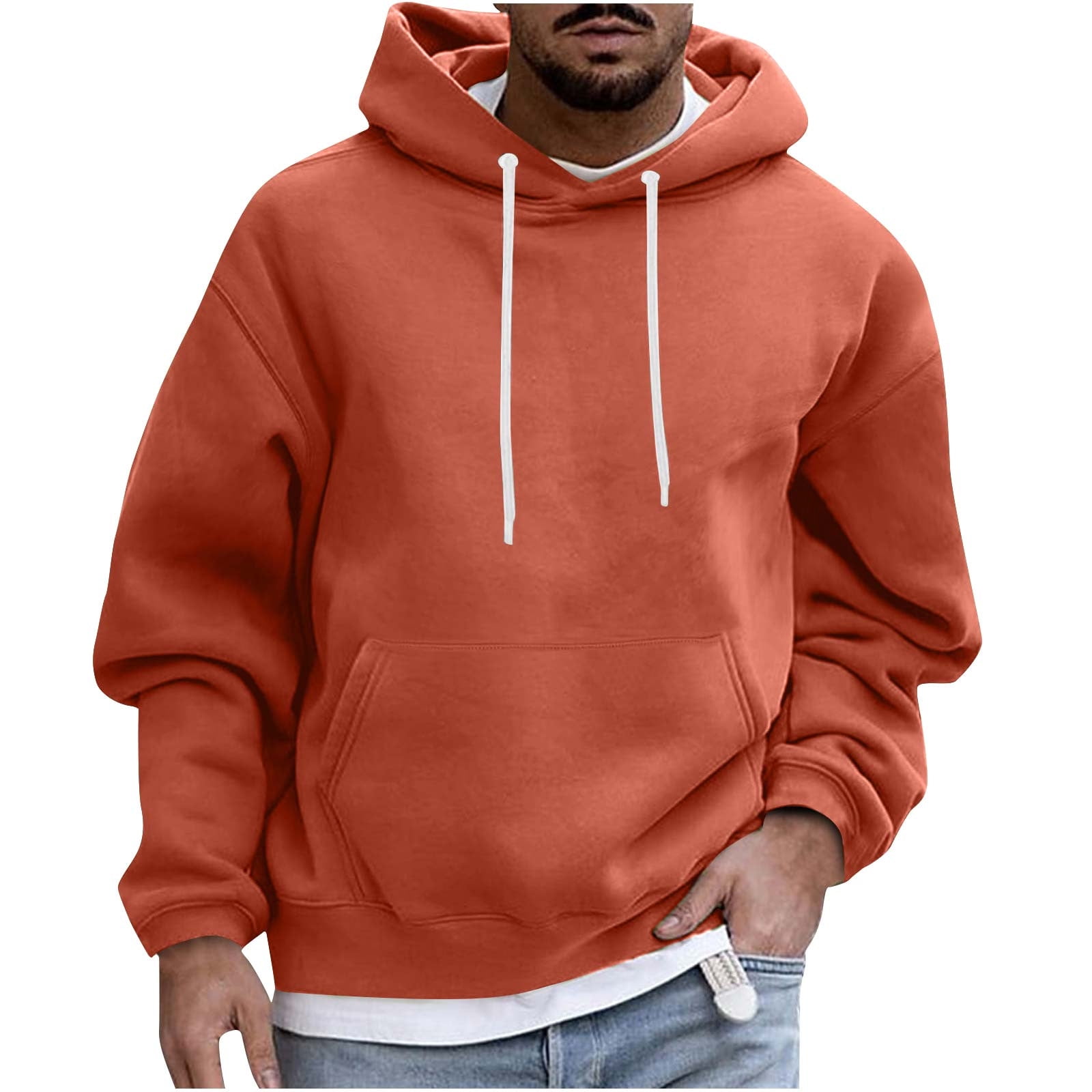 Savings Pullover Plain Hoodie for Men Casual Front Pocket Long Sleeve Cotton Fleece Hooded Sweatshirts Drawstring Tops L Orange Walmart