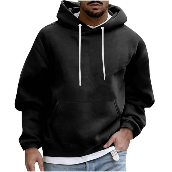 Pullover Plain Hoodie for Men Casual Front Pocket Long Sleeve Cotton Fleece Hooded Sweatshirts Drawstring Tops (Medium, Black)