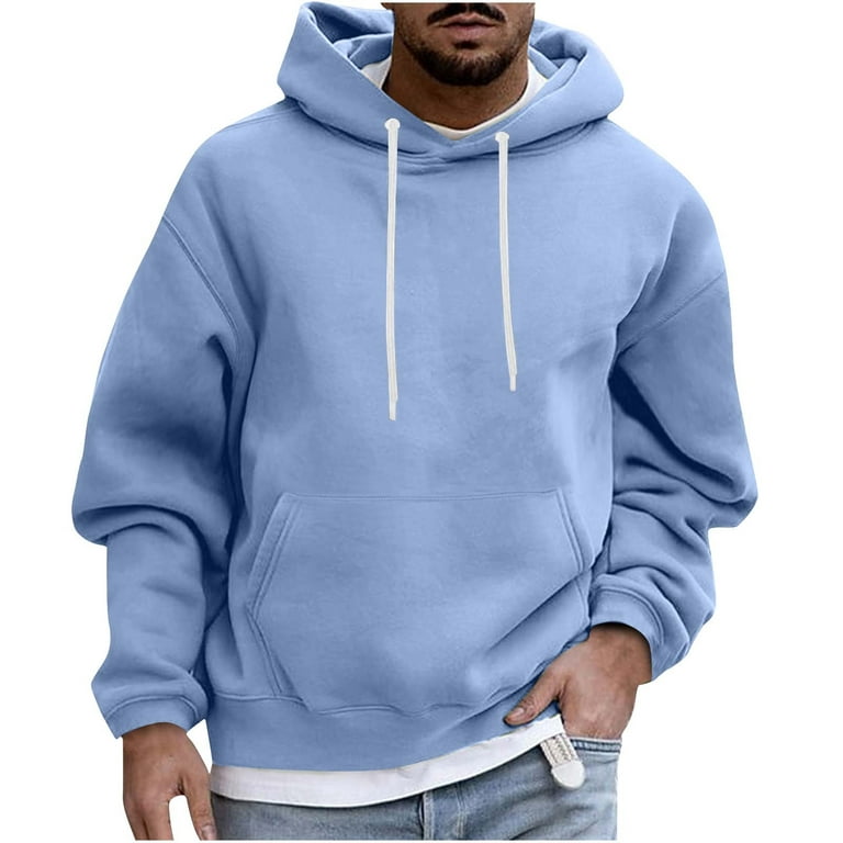 Pullover Plain Hoodie for Men Casual Front Pocket Long Sleeve Cotton Fleece  Hooded Sweatshirts Drawstring Tops (Medium, Light Blue) 