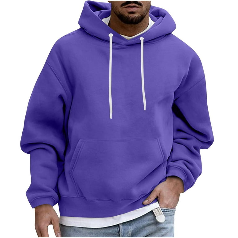 Pullover Plain Hoodie for Men Casual Front Pocket Long Sleeve Cotton Fleece  Hooded Sweatshirts Drawstring Tops (Medium, Purple)