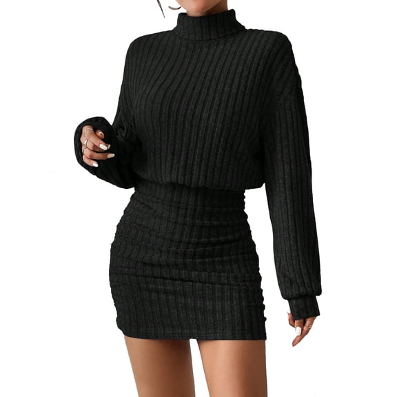 Pullover Sweater Dress for Women Long Lantern Sleeve Mock Turtleneck Cute Ribbed Knit Bodycon Mini Short Dress Black M