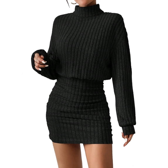 Pullover Sweater Dress for Women Long Lantern Sleeve Mock Turtleneck Cute Ribbed Knit Bodycon Mini Short Dress Black M