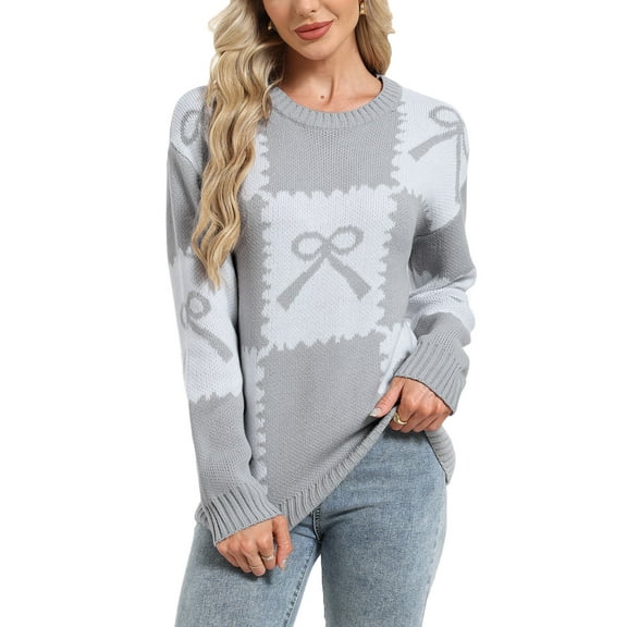 Pullover Sweater for Women Valentine's Day Sweater Crew Neck Sweater Bow Tie Checkered Printed Holiday Winter Clothes Loose Fall Long Sleeve knitted Sweaters Tops Alsol Lamesa