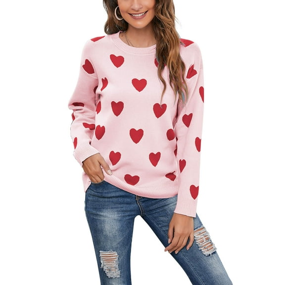 Pullover Sweater for Women Valentine's Day Cute Heart Print Warm Sweaters Knitted Sweaters Shermie