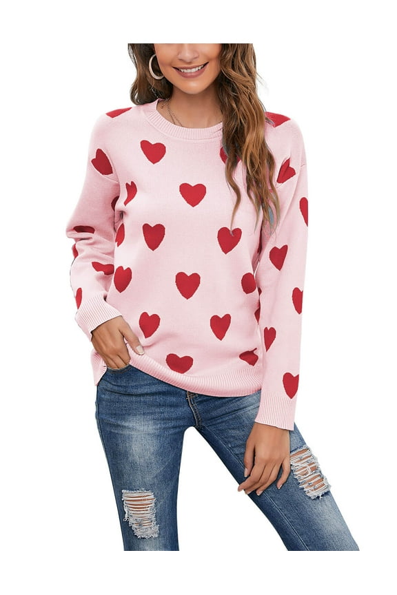 Pullover Sweater for Women Valentine's Day Cute Heart Print Warm Sweaters Knitted Sweaters Shermie