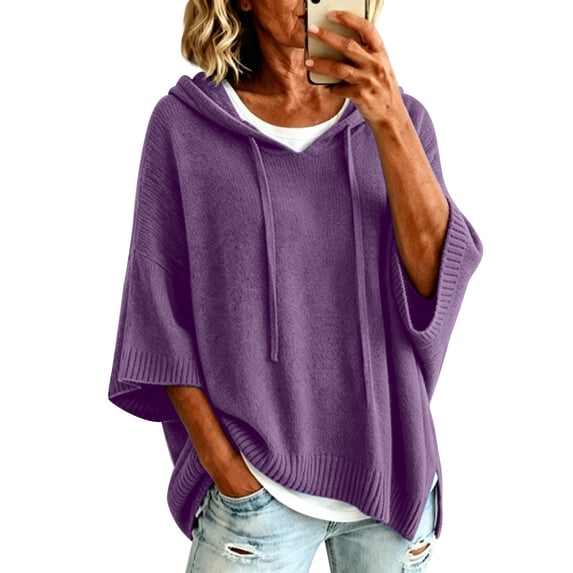 Pullover Sweaters for Women Hooded Side Slit Ribbed 3/4 Batwing Sleeve Sweaters Comfy Ribbed Knitted Drawstring Sweatshirts Trendy Sweatshirts Daily Office Work Travel Outfits, Purple 2XL
