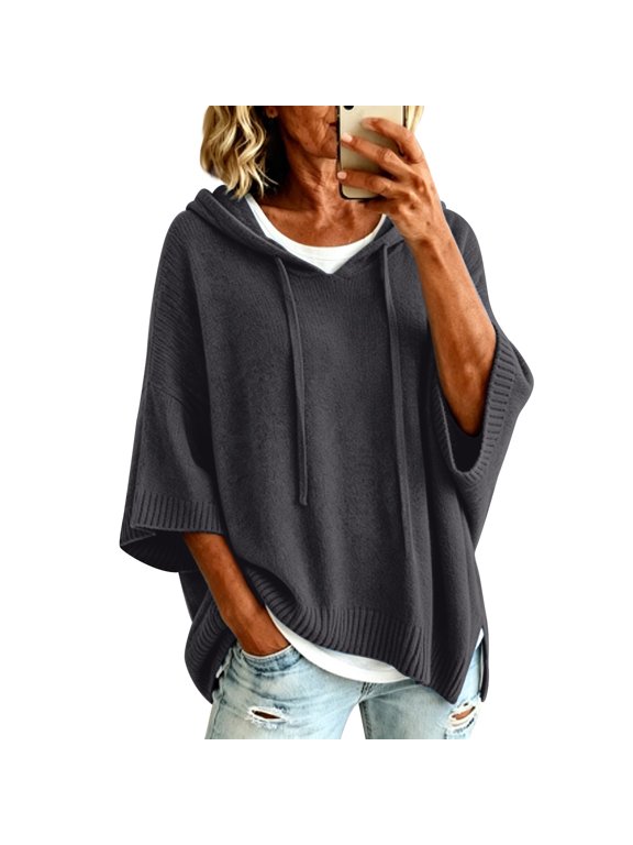 Pullover Sweaters for Women Hooded Side Slit Ribbed 3/4 Batwing Sleeve Sweaters Soft Ribbed Knitted Drawstring Sweatshirts Trendy Sweatshirts Daily Office Work Travel Outfits, Gray 2XL