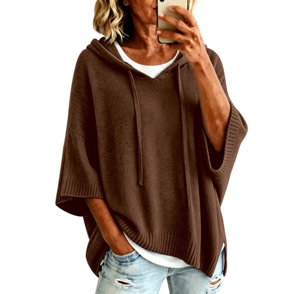 Pullover Sweaters for Women Hooded Side Slit Ribbed 3/4 Batwing Sleeve Sweaters Soft Ribbed Knitted Drawstring Sweatshirts Trendy Sweatshirts Daily Office Work Travel Outfits, Brown L