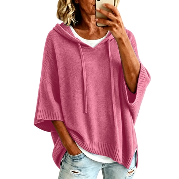 Pullover Sweaters for Women Hooded Side Slit Ribbed 3/4 Batwing Sleeve Sweaters Soft Ribbed Knitted Drawstring Sweatshirts Trendy Sweatshirts Daily Office Work Travel Outfits, Pink S