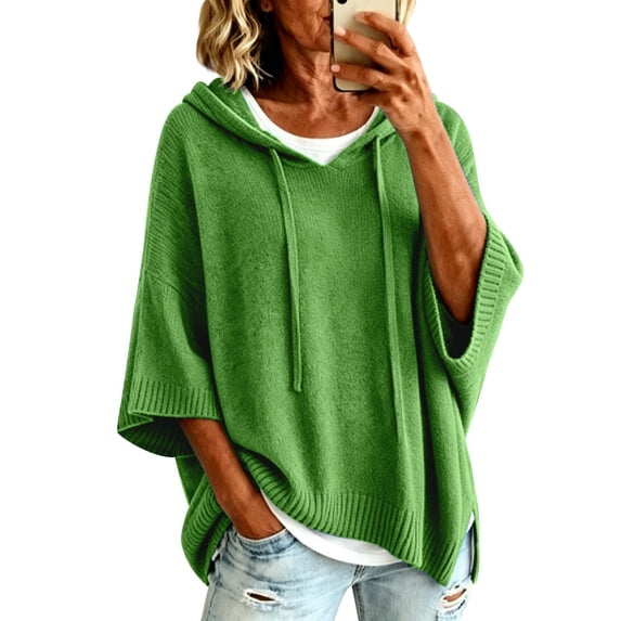Pullover Sweaters for Women Hooded Side Slit Ribbed 3/4 Batwing Sleeve Sweaters Soft Ribbed Knitted Drawstring Sweatshirts Trendy Sweatshirts Daily Office Work Travel Outfits, Green M