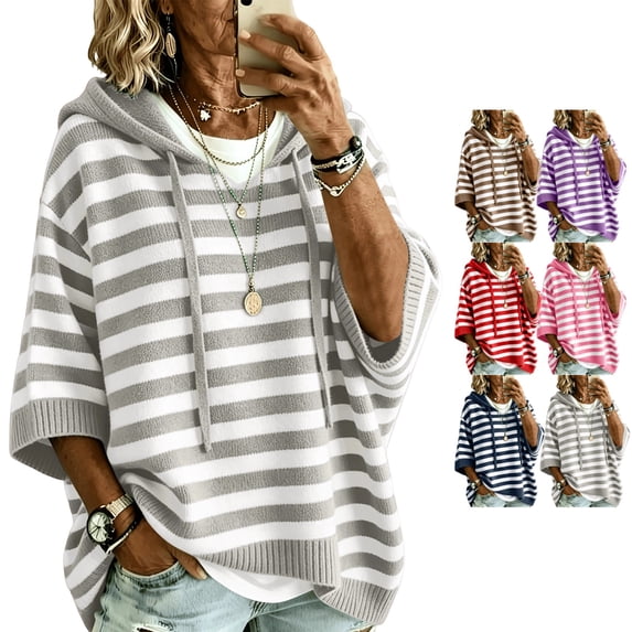 Pullover Sweaters for Women Oversized Hooded Side Slit Knit Winter Fall Clothes 3/4 Batwing Sleeve Striped Fashion Clothing Casual Drawstring Sweater Pullover Gray XXL
