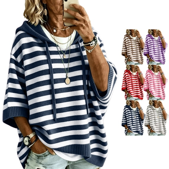 Pullover Sweaters for Women Oversized Hooded Side Slit Knit Winter Fall Clothes 3/4 Batwing Sleeve Striped Fashion Clothing Casual Drawstring Sweater Top Navy S