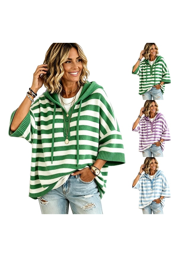 Pullover Sweaters for Women Oversized Hooded Side Slit Knit Winter Fall Clothes 3/4 Sleeve Striped Trendy Lightweight Casual Drawstring Sweater Pullover Green M