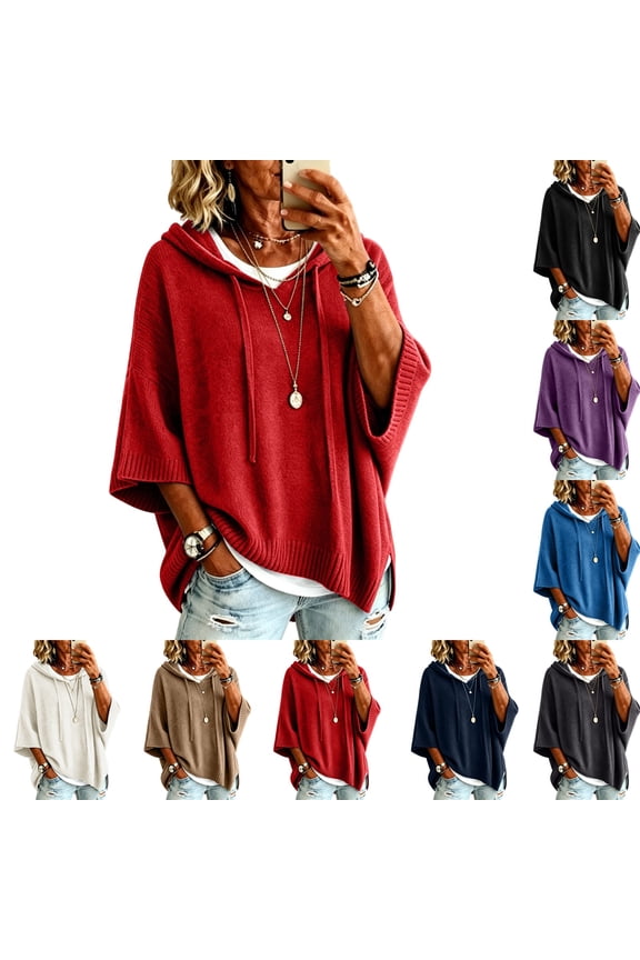 Pullover Sweaters for Women Oversized Knit Hooded Sweaters Fall Clothes for Women 3/4 Sleeve Fashion Clothing Casual Drawstring Sweater Pullover Red XL