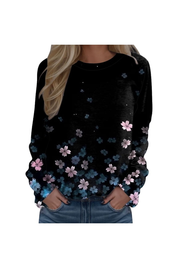 Pullover Sweaters for Women Trendy Winter Fall Relaxed Fit Crew Neck Long Sleeve Mitten- Off the Shoulder with Pocket Floral Elegant Cotton Sweatshirts Pullover(Blue,S)