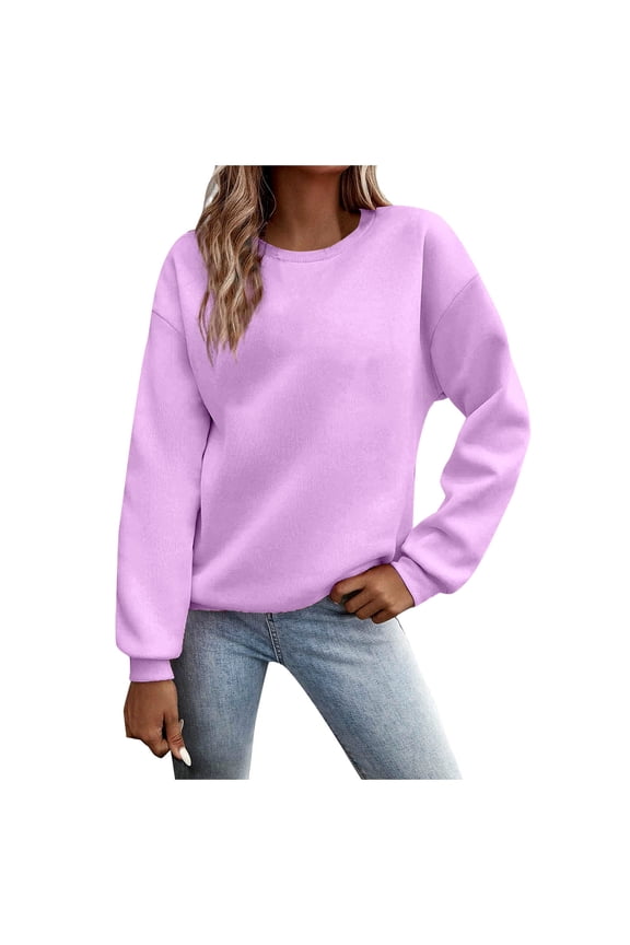 Pullover Sweaters for Women Workout Winter Comfy Crew Neck Long Sleeve Bubble Drop Shoulder with Pocket Plain Leisure Cotton Tunics Pullover(Purple,S)