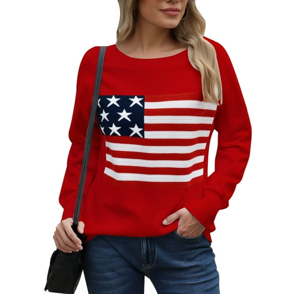 Pullover Sweaters for Women Y2K American Flag Memorial Independence Day Crewneck Fall Winter Knitted Stried Sweaters Warm Long Sleeve Jumper Tops Alsol Lamesa
