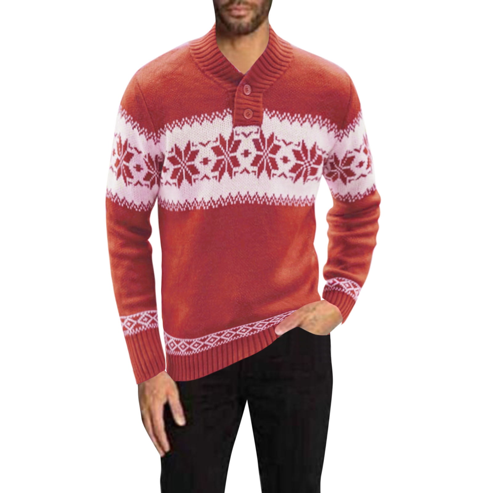 Pullover Sweaters for Men Mens Winter Christmas Snowflake Jacquard Button Lapel Long Sleeve