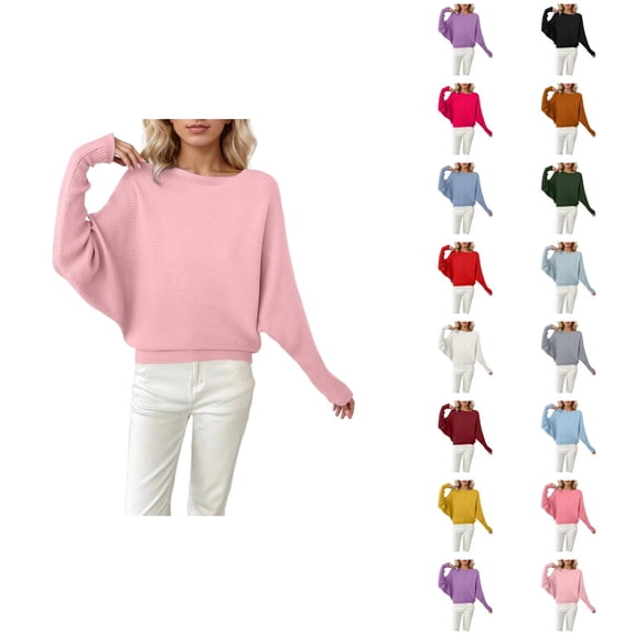 Pullover Sweaters for Women 2025 Long Batwing Sleeve Crewneck Oversized Plain Knitted Sweater Tops Fall Winter Outfits