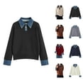 thumbnail image 1 of Pullover Sweaters for Women 2025 Long Sleeve Button Collared Loose Denim Patchwork Sweater Tops Fall Winter Outfits, 1 of 4