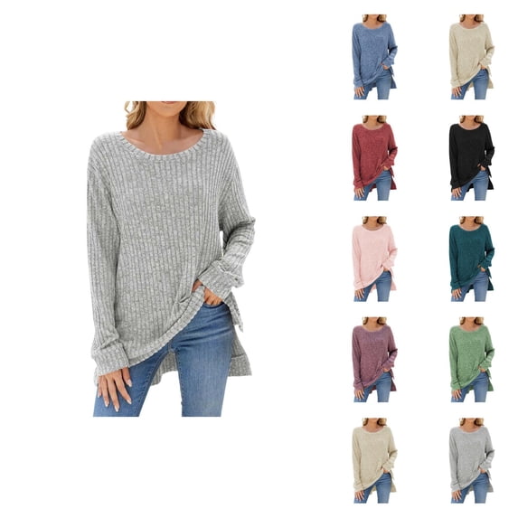 Pullover Sweaters for Women 2025 Long Sleeve Crewneck Loose Side Slit Plain Ribbed Knit Sweater Tops Fall Winter Outfits
