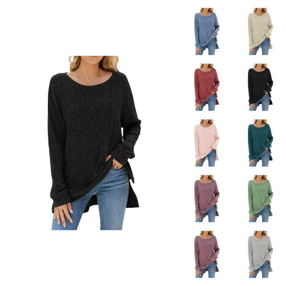 Pullover Sweaters for Women 2025 Long Sleeve Crewneck Loose Side Slit Plain Ribbed Knit Sweater Tops Fall Winter Outfits