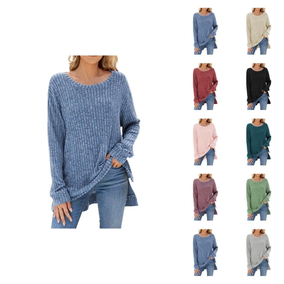 Pullover Sweaters for Women 2025 Long Sleeve Crewneck Loose Side Slit Plain Ribbed Knit Sweater Tops Fall Winter Outfits