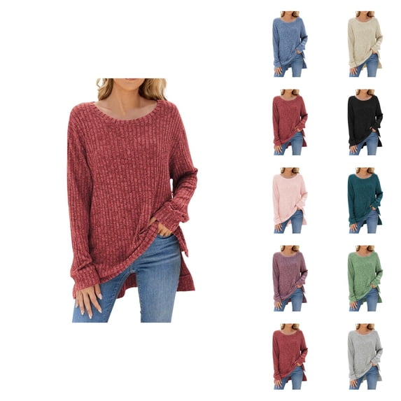 Pullover Sweaters for Women 2025 Long Sleeve Crewneck Loose Side Slit Plain Ribbed Knit Sweater Tops Fall Winter Outfits