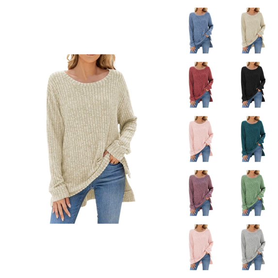 Pullover Sweaters for Women 2025 Long Sleeve Crewneck Loose Side Slit Plain Ribbed Knit Sweater Tops Fall Winter Outfits