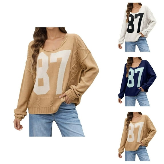Pullover Sweaters for Women 2025 Long Sleeve Crewneck Number Color Block Knitted Sweater Tops Fall Winter Outfits