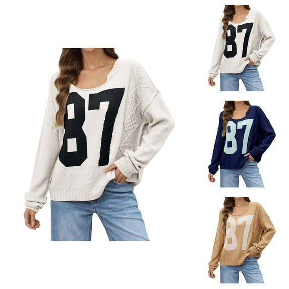 Pullover Sweaters for Women 2025 Long Sleeve Crewneck Number Color Block Knitted Sweater Tops Fall Winter Outfits