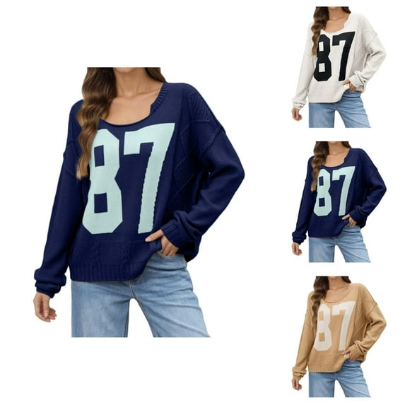 Pullover Sweaters for Women 2025 Long Sleeve Crewneck Number Color Block Knitted Sweater Tops Fall Winter Outfits