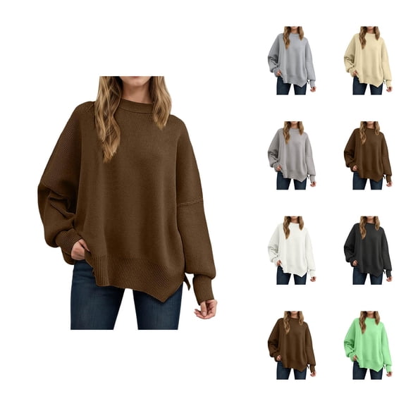 Pullover Sweaters for Women 2025 Long Sleeve Crewneck Oversized Side Slit Plain Knitted Sweater Tops Fall Winter Outfits