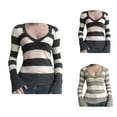thumbnail image 1 of Pullover Sweaters for Women 2025 Long Sleeve Deep V Neck Slim Fit Striped Knitted Sweater Tops Fall Winter Outfits, 1 of 6