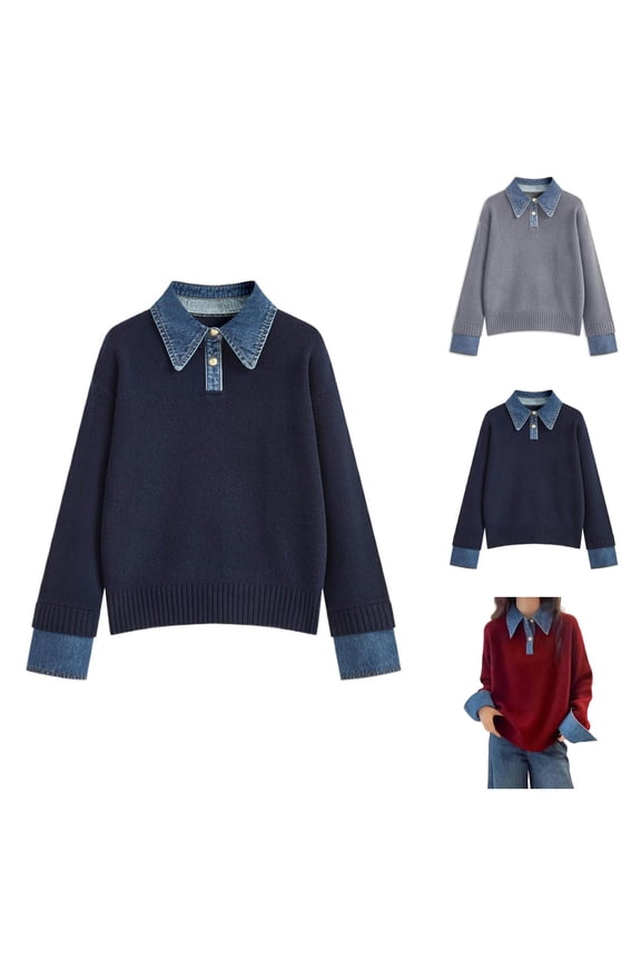 Pullover Sweaters for Women 2025 Long Sleeve Denim Patchwork Button Collared Loose Sweater Tops Fall Winter Outfits