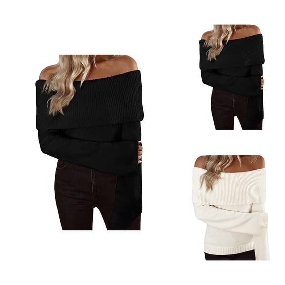 Pullover Sweaters for Women 2025 Long Sleeve Off Shoulder Slim Fit Plain Knitted Sweater Tops Fall Winter Outfits